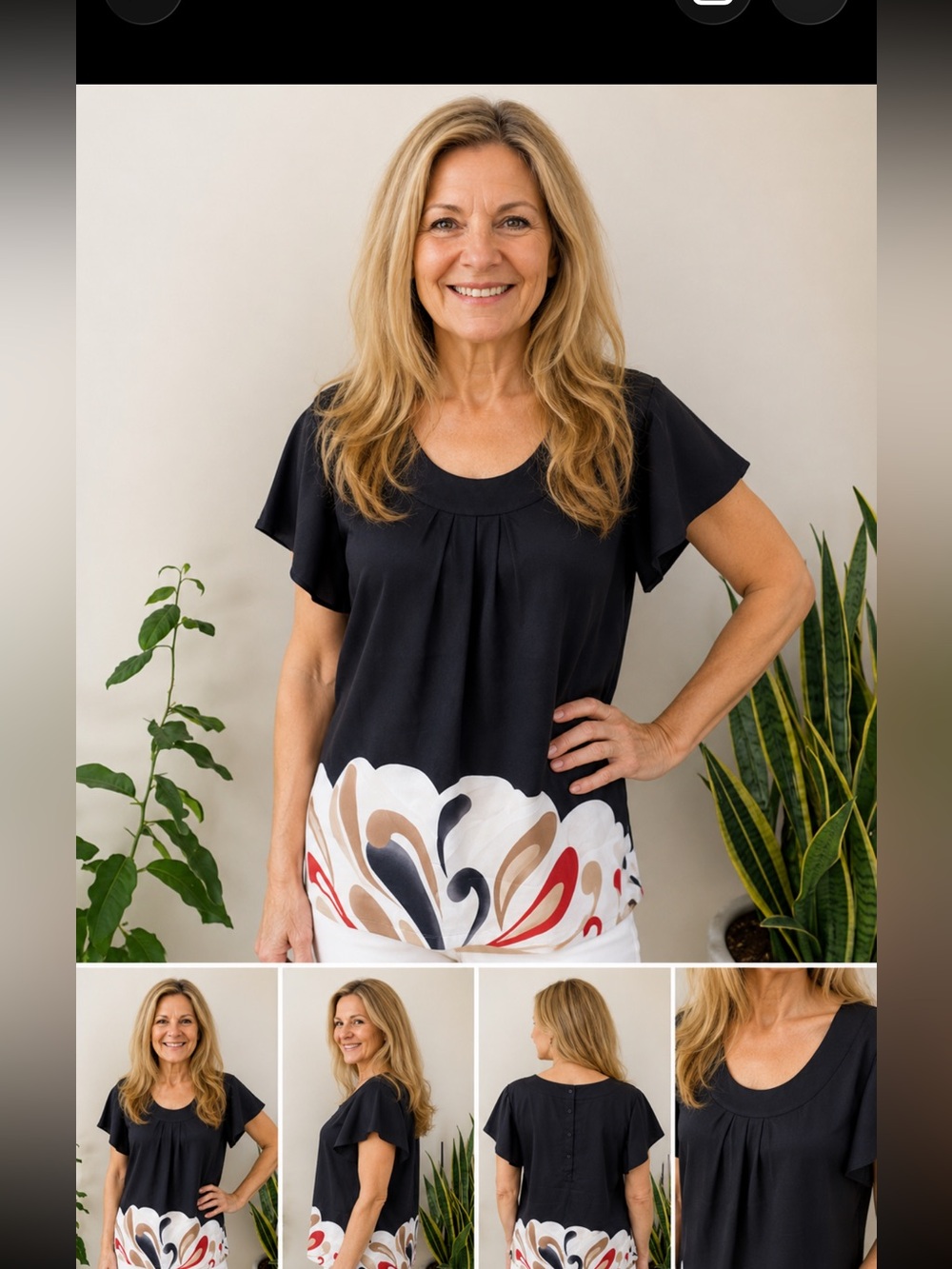 Strech black short sleeve blouse with flowers S 1X